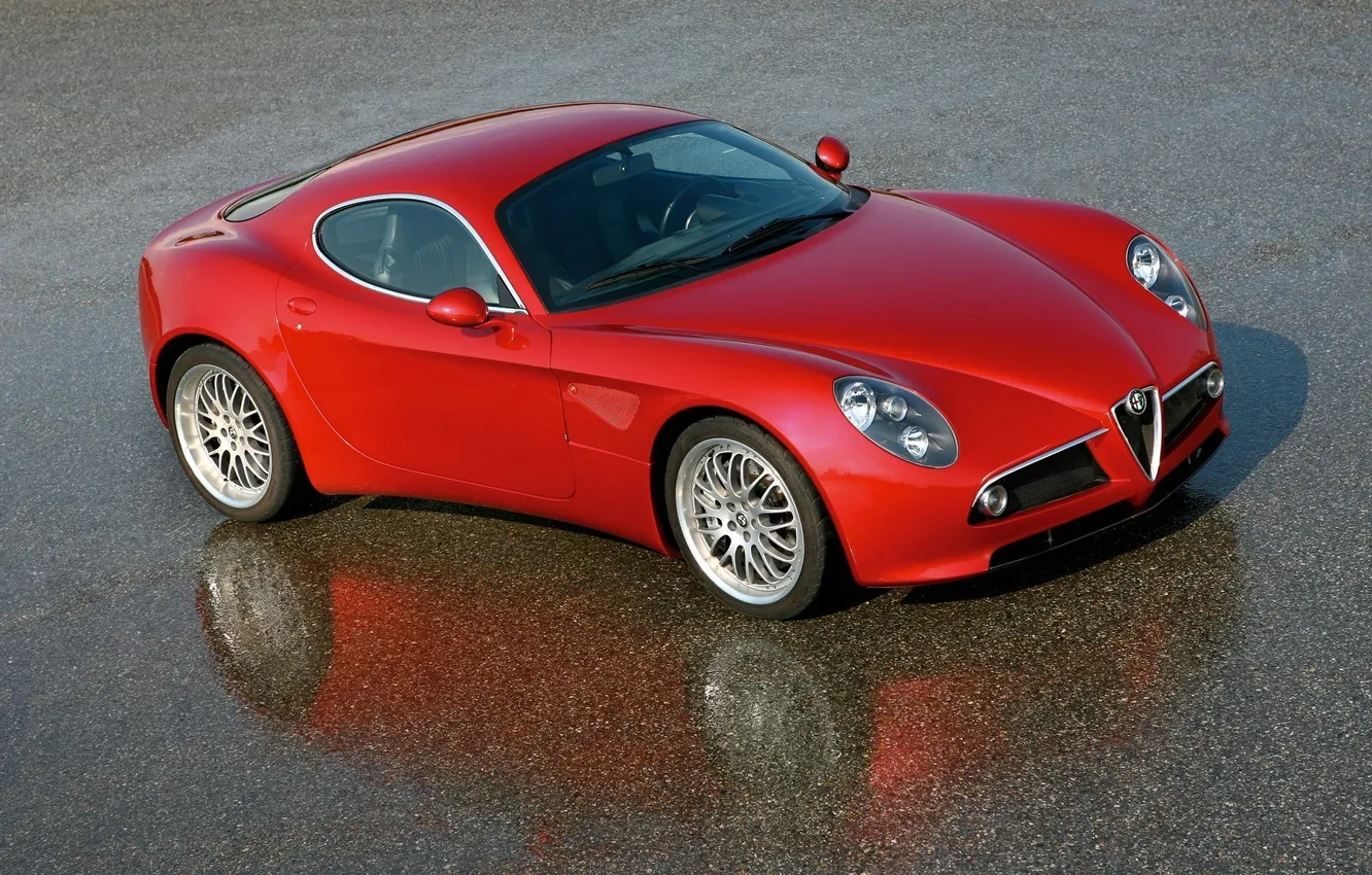 Photo wallpaper car, reflection, Alfa Romeo, wet asphalt, road