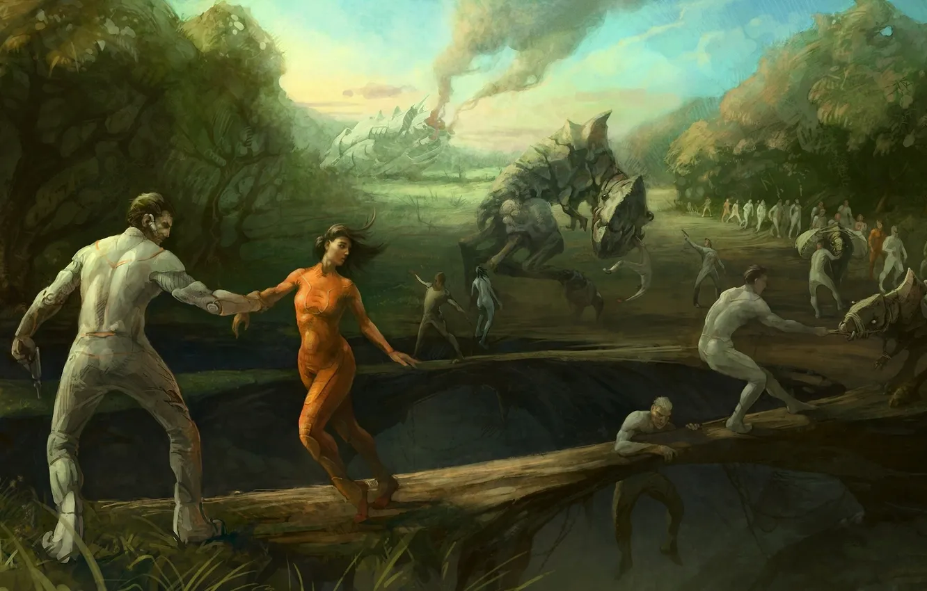 Photo wallpaper bridge, animal, people, ship, the crash, art, attack, beast