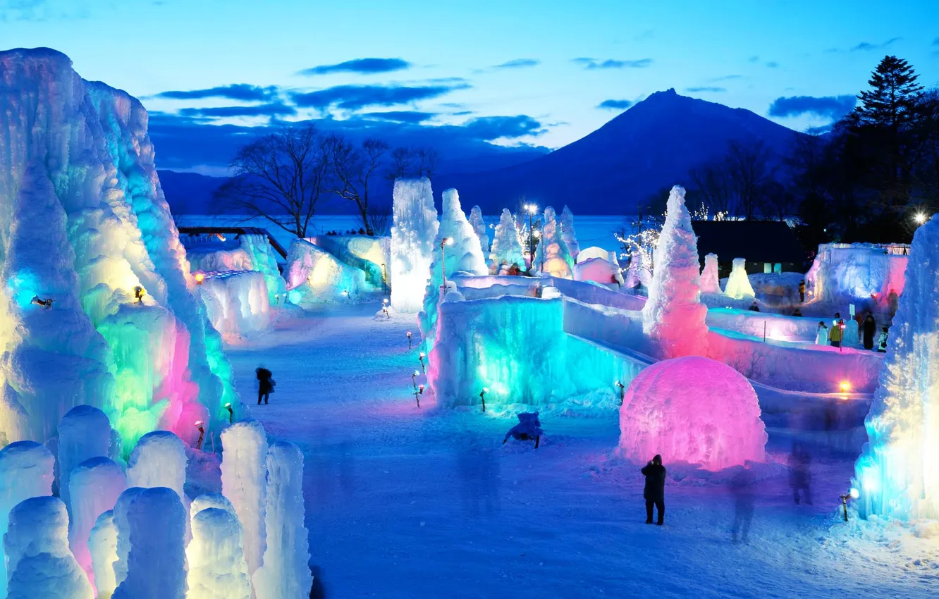 Photo wallpaper ice, winter, mountains, the evening, Japan, Hokkaido, ice festival
