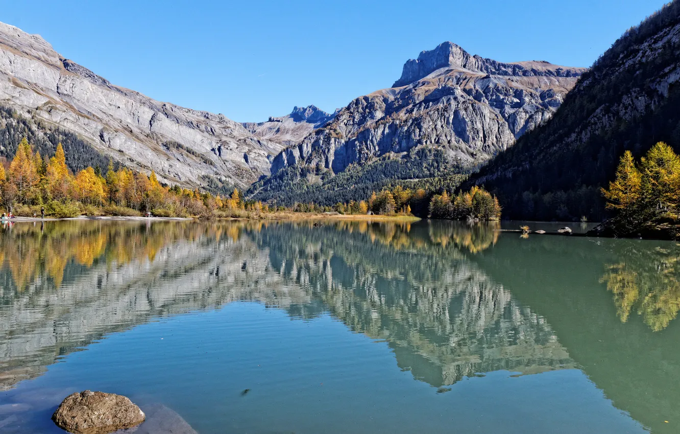 Photo wallpaper autumn, the sky, trees, mountains, lake, stones