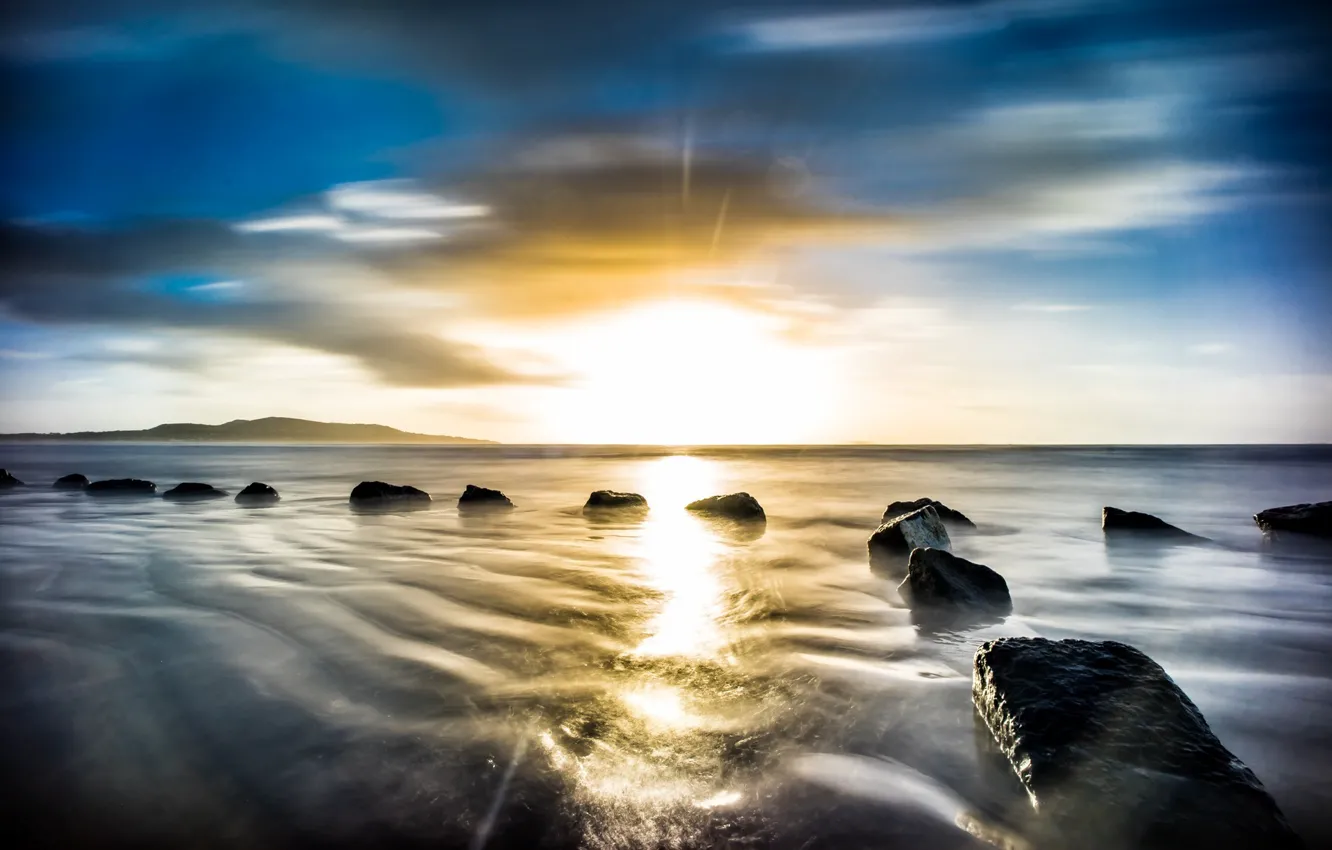 Photo wallpaper sea, beach, the sky, clouds, landscape, rocks, dawn, beach