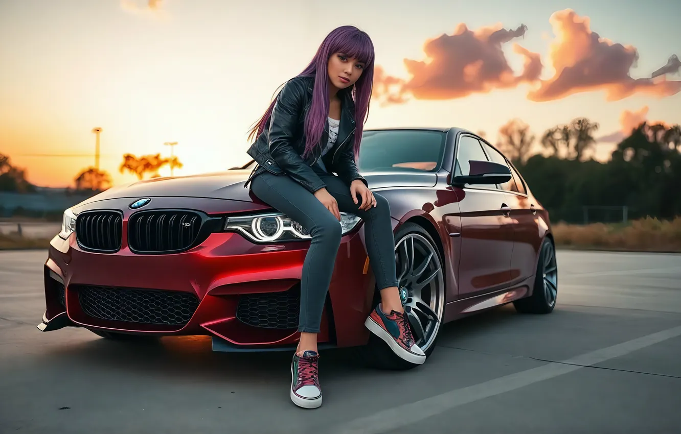 Photo wallpaper BMW, girl, clouds, parking, AI Art, AI Generated