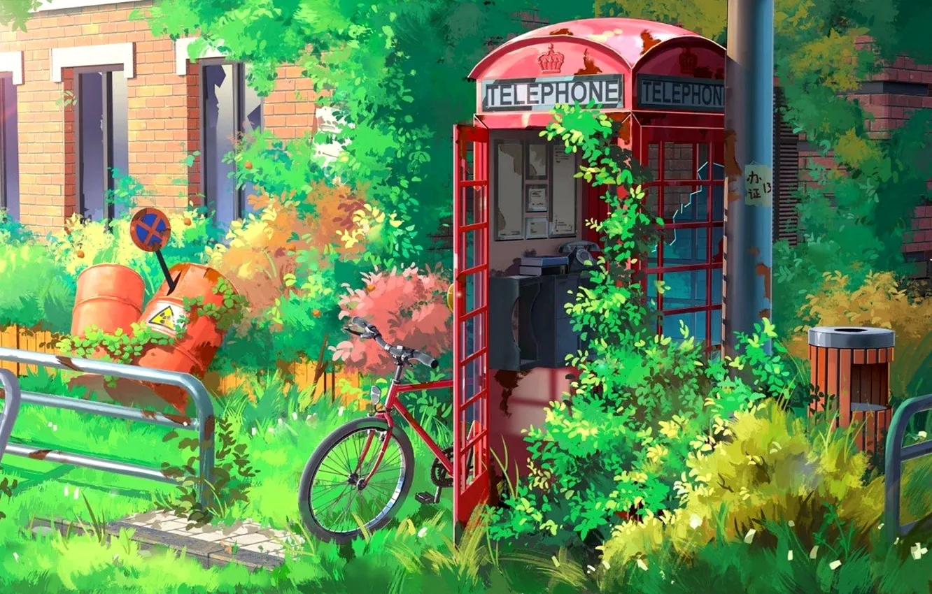 Photo wallpaper bike, thickets, green grass, red, postapokalipsis, barrels, phone booth, road sign