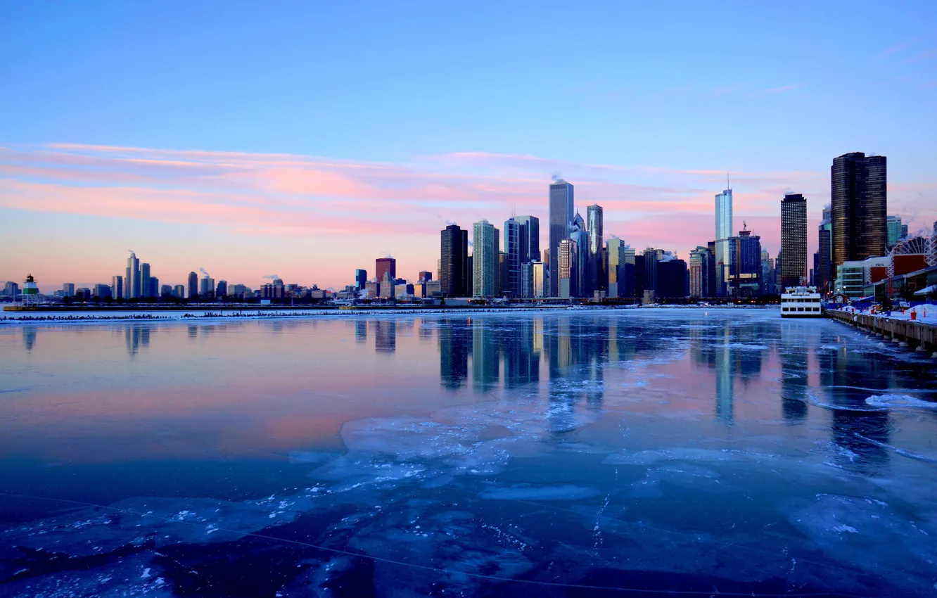 Photo wallpaper winter, the city, river, ice, skyscrapers, the evening, Chicago, Illinois