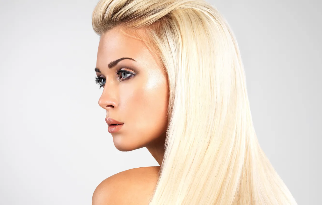 Photo wallpaper look, girl, background, makeup, blonde, profile, shoulders, long hair