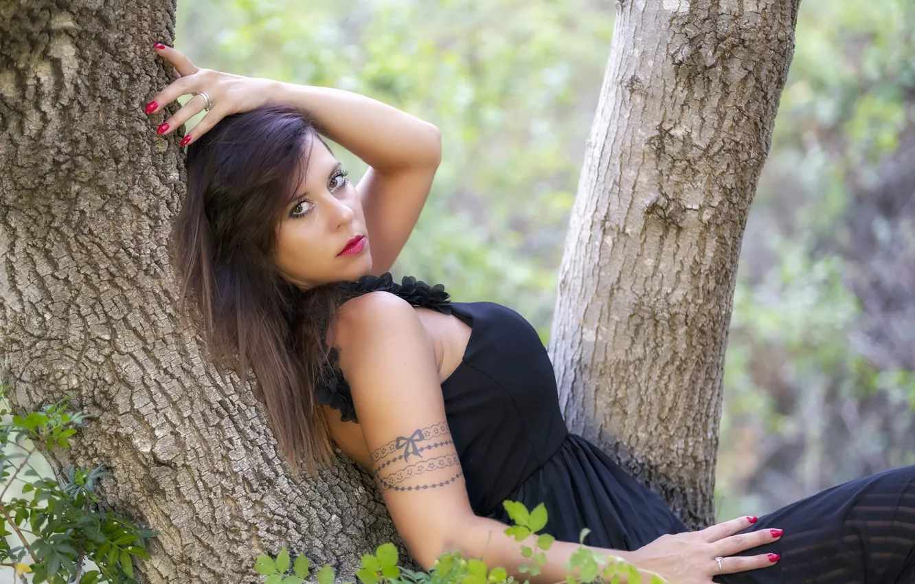 Photo wallpaper look, girl, trees, hair, dress, tattoo