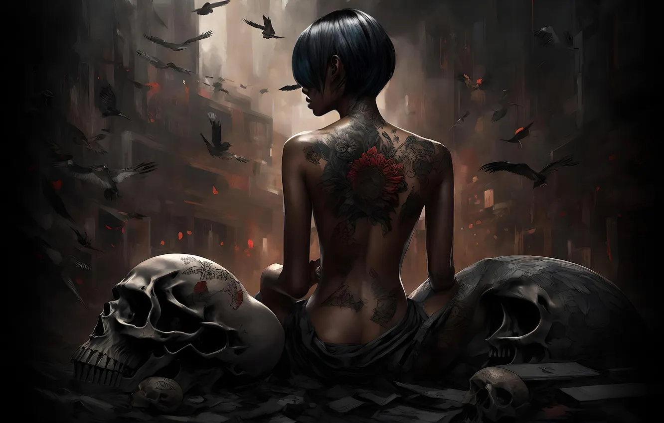 Photo wallpaper girl, bird, skull, tattoo, postapokalipsis