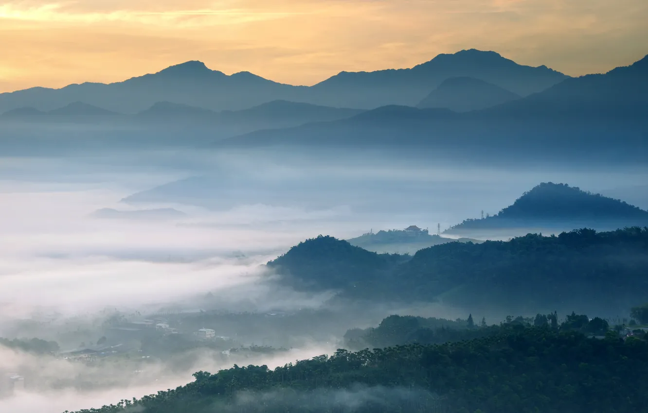 Photo wallpaper clouds, trees, sunset, fog, Mountains, Taiwan, forest, Taiwan