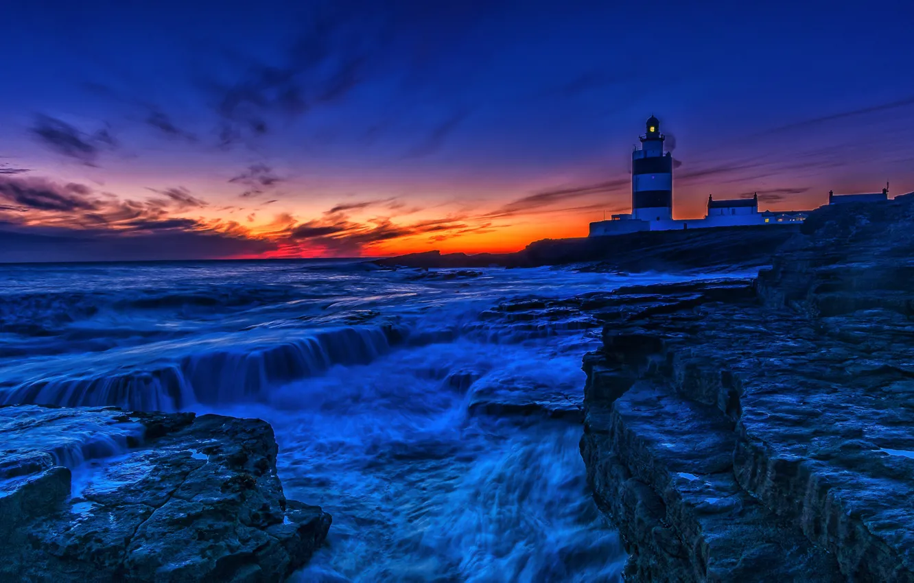 Photo wallpaper sea, sunset, coast, lighthouse, Ireland, Ireland, Celtic Sea, County Wexford