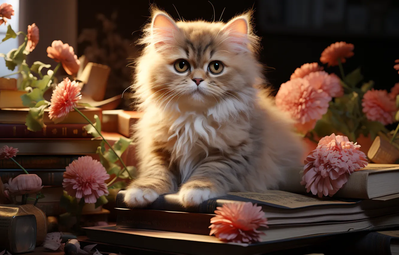 Photo wallpaper cat, look, light, flowers, pose, the dark background, kitty, table