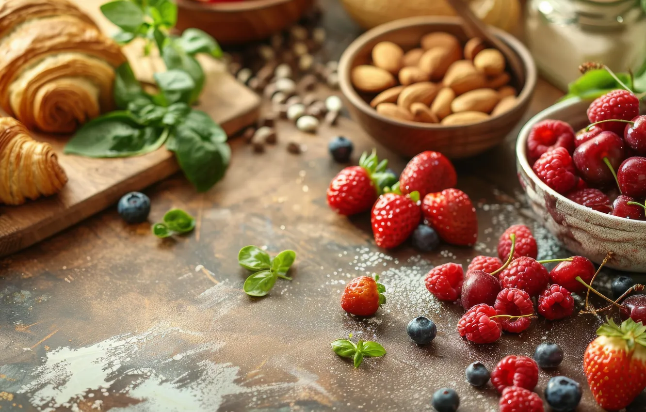 Photo wallpaper cherry, berries, raspberry, table, blueberries, strawberry, bowl, leaves