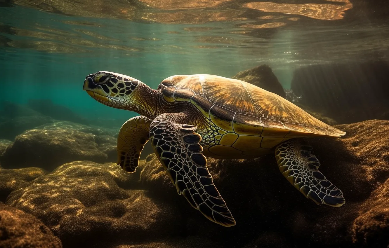 Photo wallpaper sea turtle, AI art, neural network