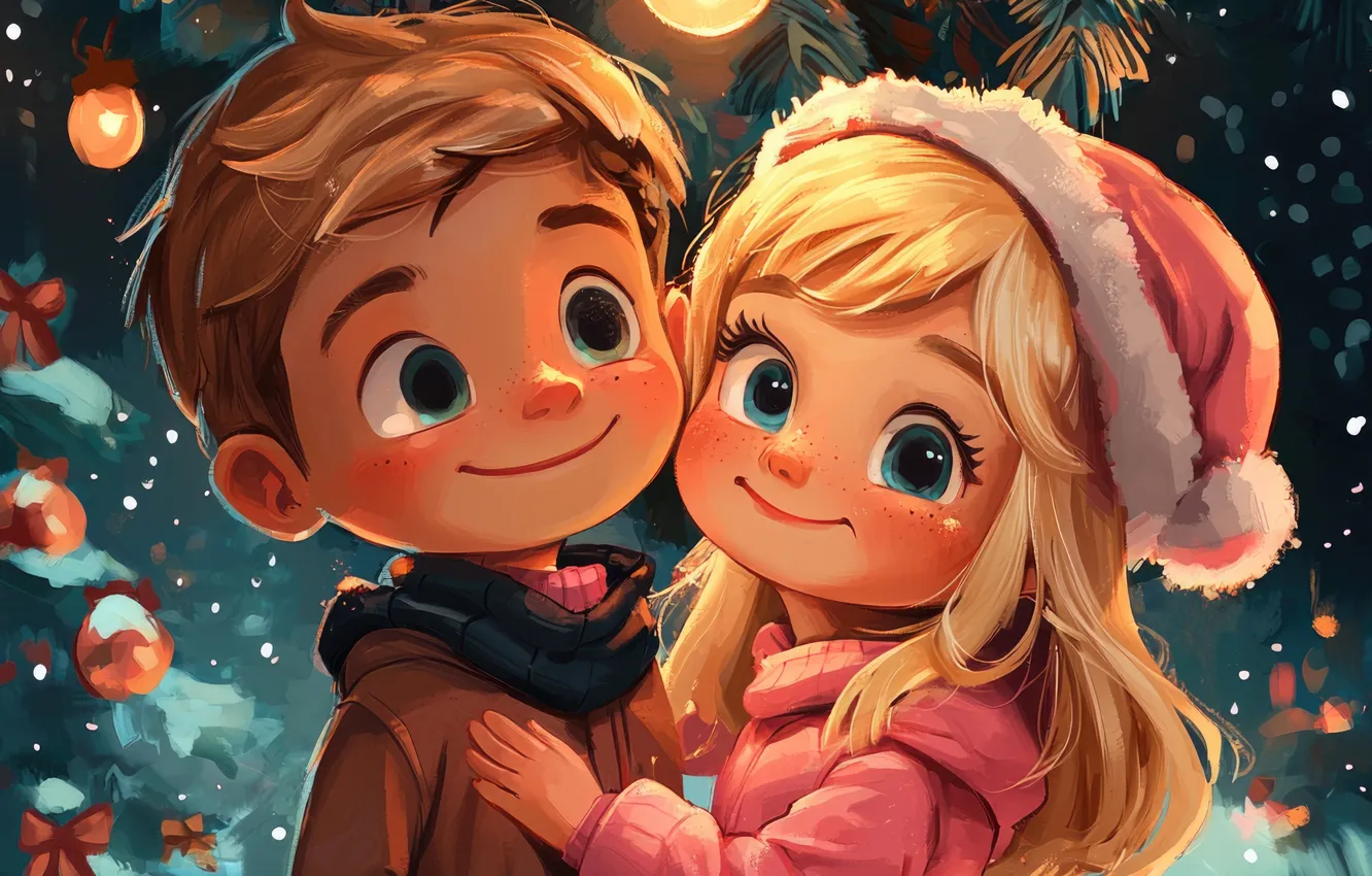 Photo wallpaper light, children, new year, boy, Christmas, girl, garland, a couple