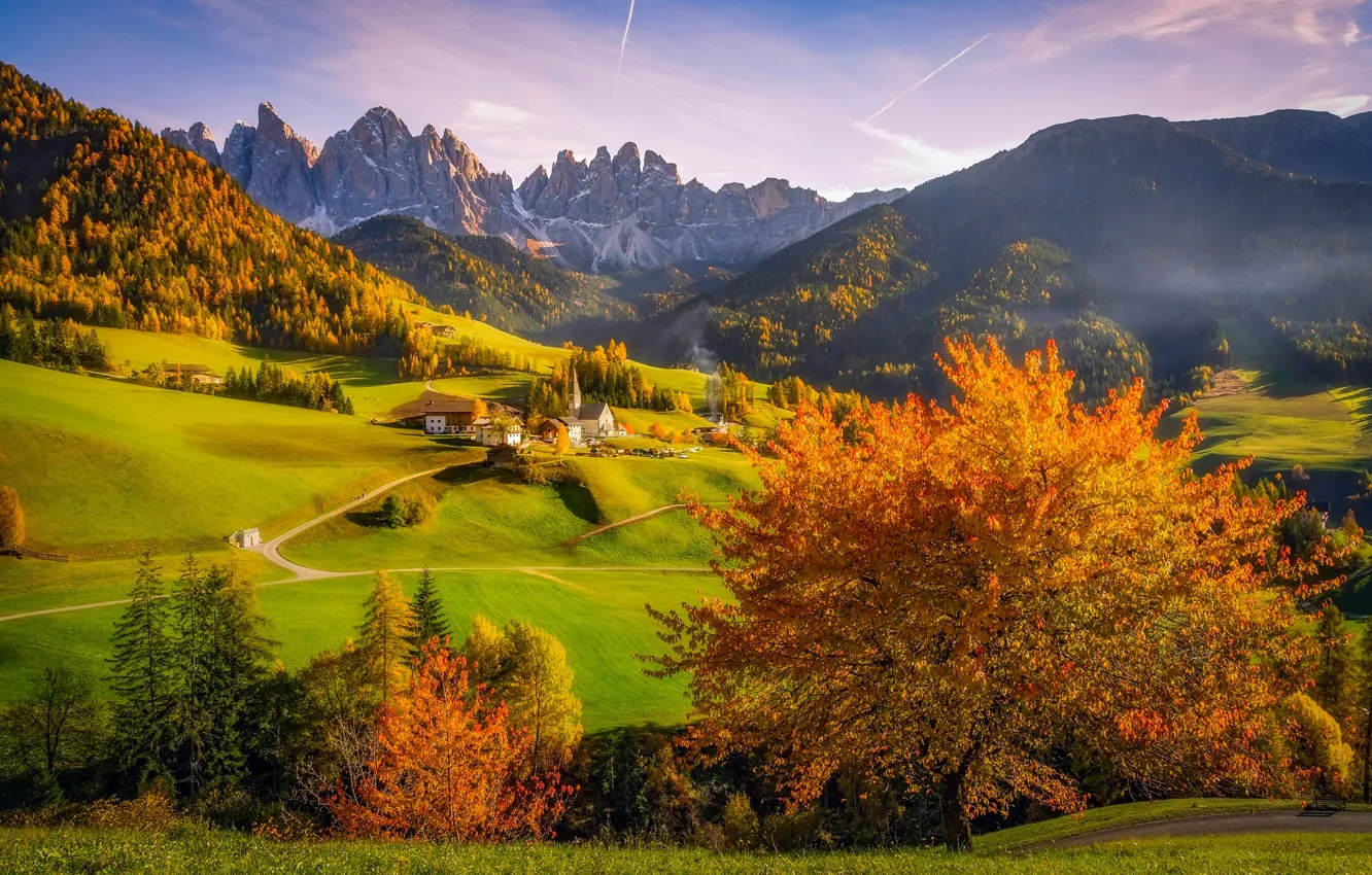 Photo wallpaper autumn, trees, mountains, valley, Alps, Italy, Church, village