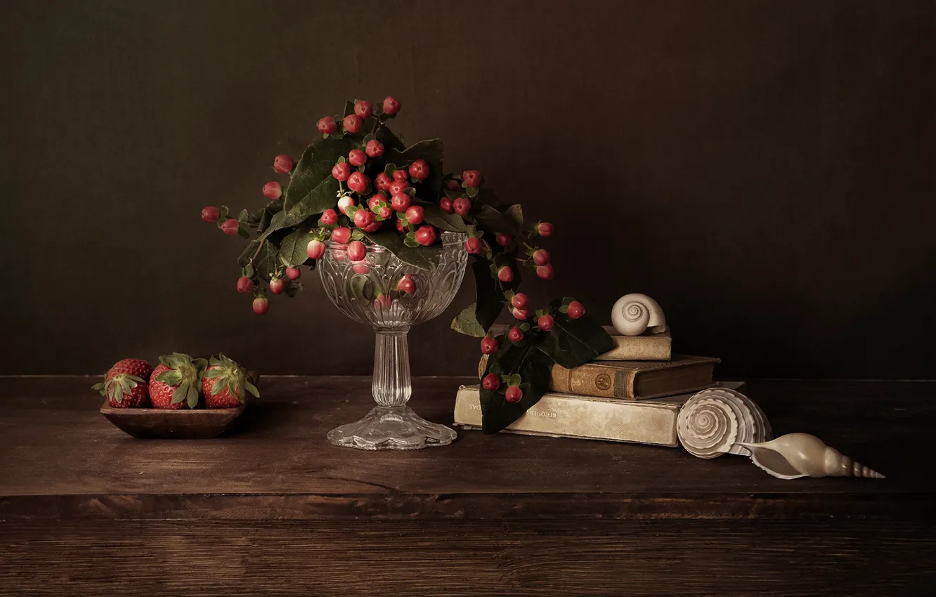 Photo wallpaper leaves, red, berries, table, Board, bouquet, strawberry, fruit