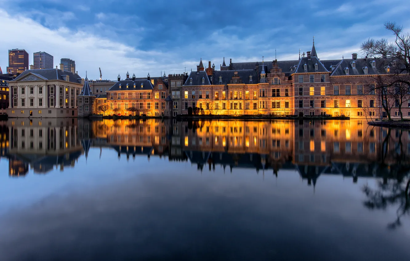 Photo wallpaper pond, reflection, the evening, Netherlands, The Hague, Hofvijver