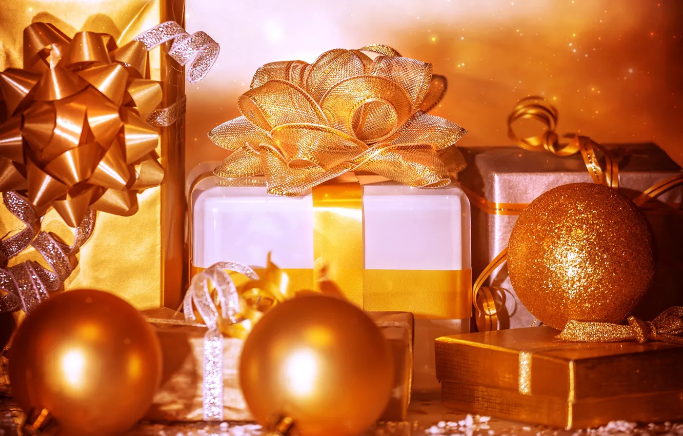 Photo wallpaper winter, balls, holiday, box, gift, toy, new year, Christmas
