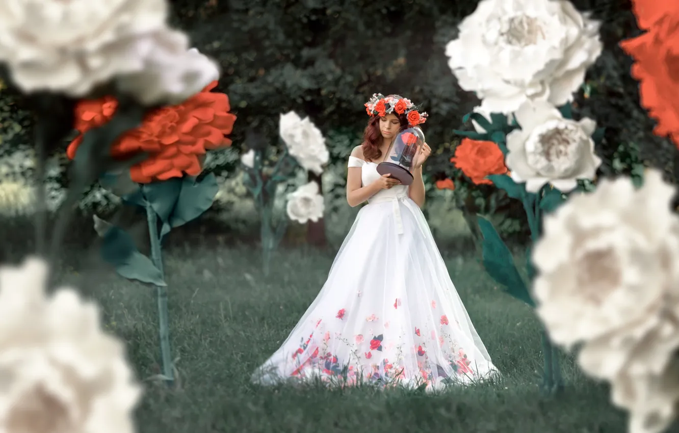 Photo wallpaper girl, flowers, pose, dress, beautiful, wreath, Renat Fotov