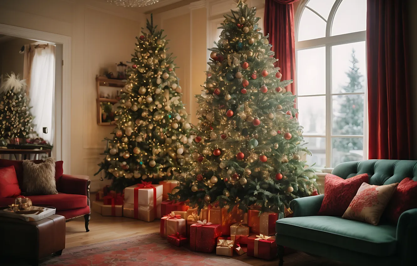 Photo wallpaper decoration, room, gift, tree, new year, interior, Christmas, Christmas