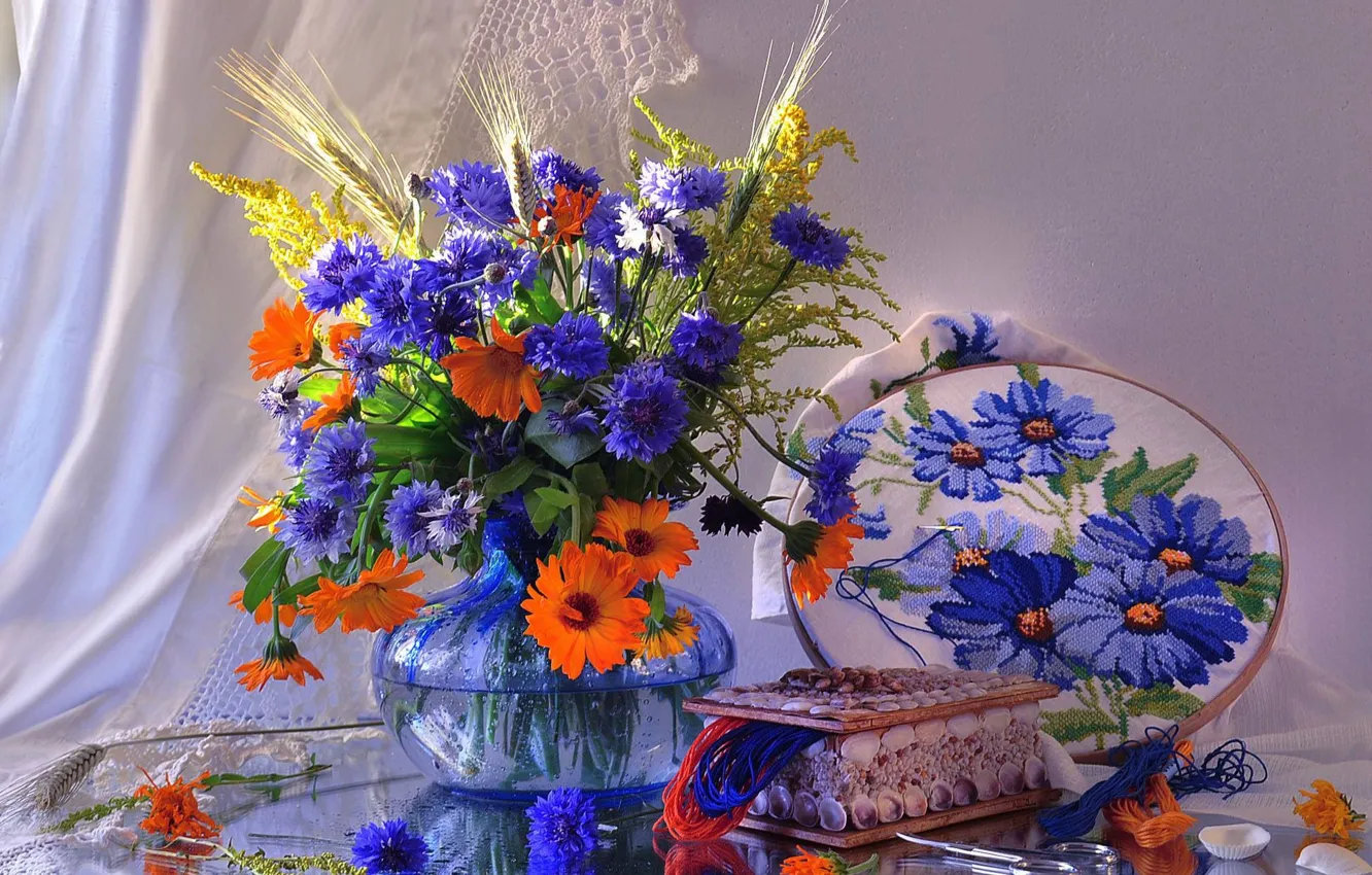 Photo wallpaper flowers, box, vase, ears, thread, marigolds, embroidery, cornflowers