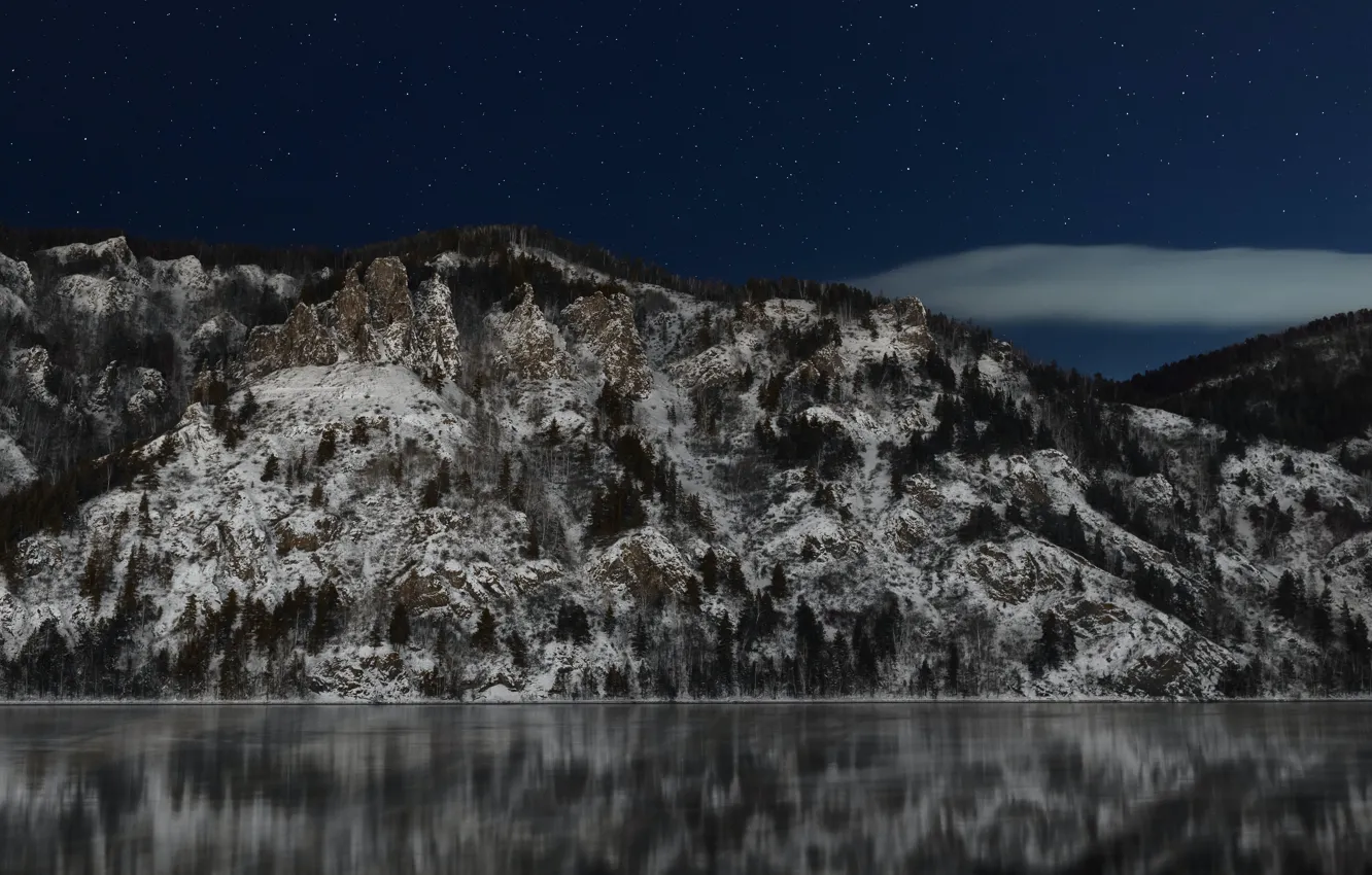 Photo wallpaper sky, trees, sea, wood, water, night, winter, clouds