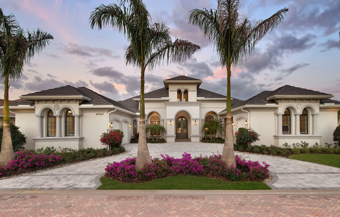 Photo wallpaper flowers, style, palm trees, Villa, the evening, lighting, architecture, facade