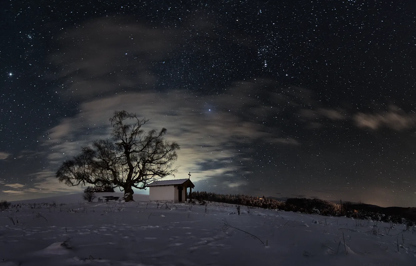 Photo wallpaper winter, field, the sky, stars, snow, night, tree, chapel