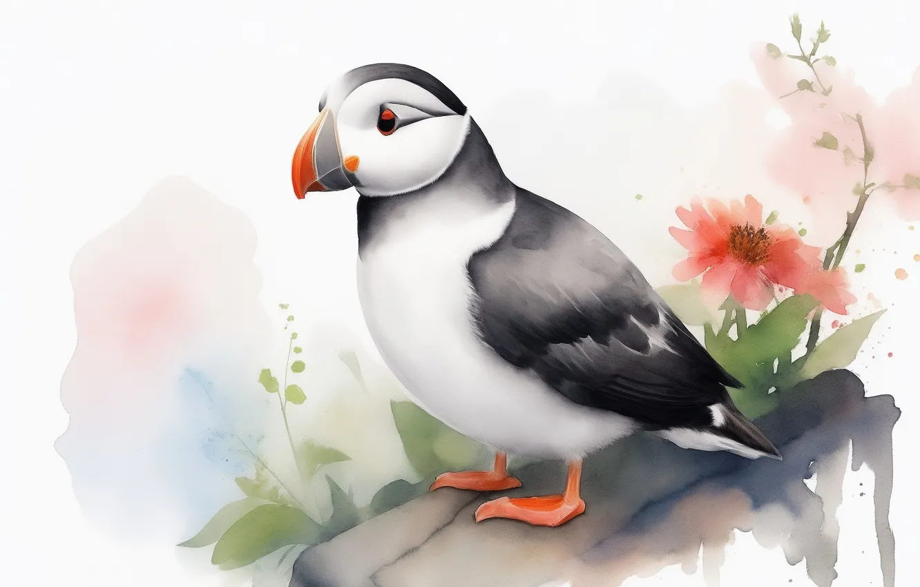 Photo wallpaper bird, sweetheart, figure, watercolor, stalled, bird, birds, cute