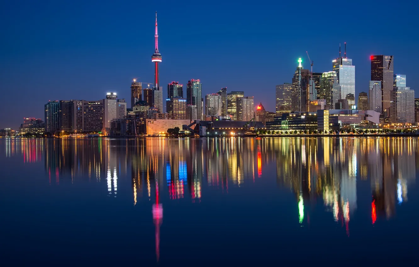Photo wallpaper water, city, lights, home, the evening, Canada, Ontario, Toronto