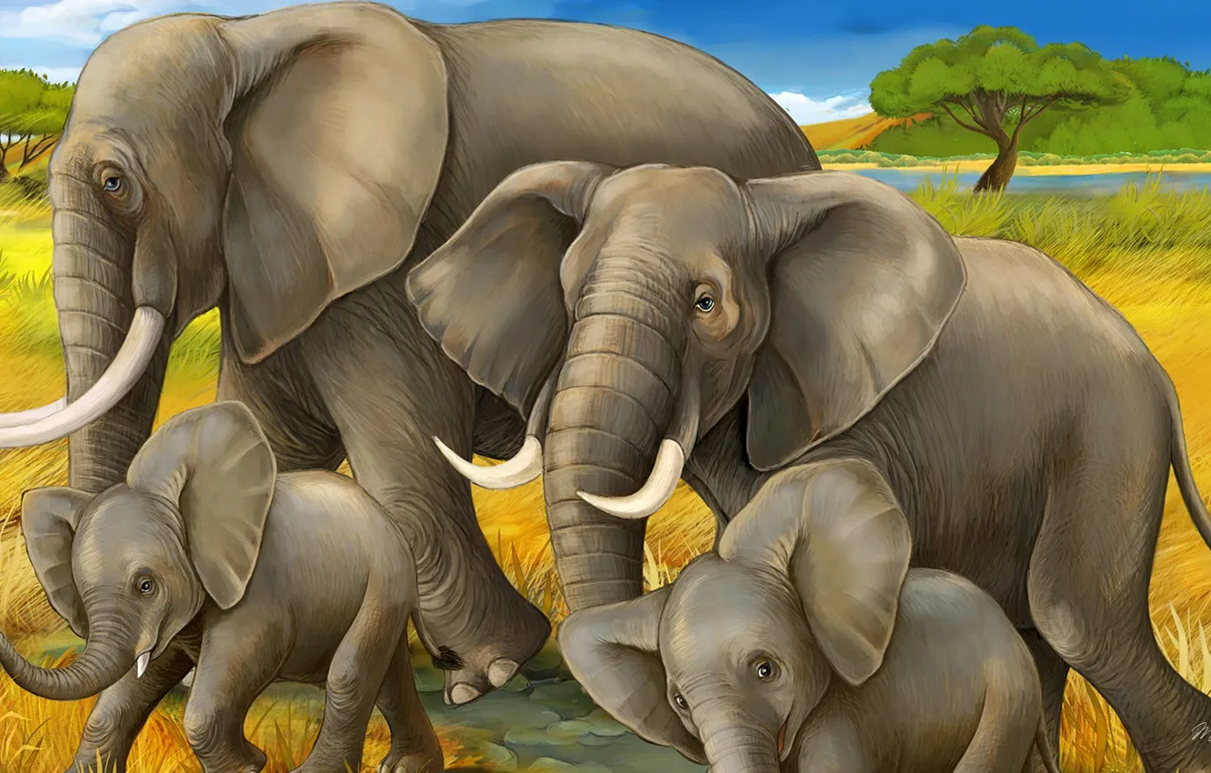 Photo wallpaper landscape, figure, family, elephants