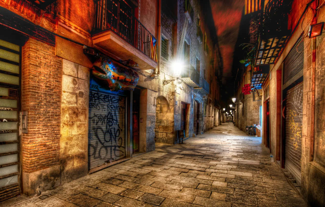 Photo wallpaper lights, the evening, alley, Barcelona