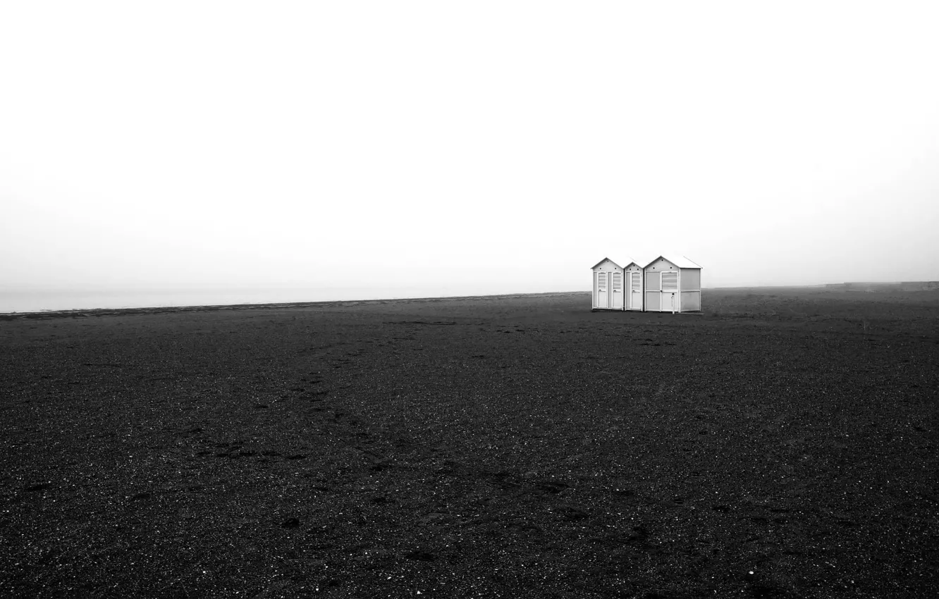 Photo wallpaper beach, foggy, hut