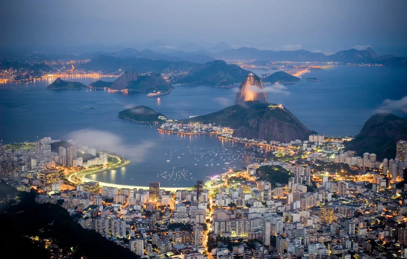 Photo wallpaper sea, mountains, lights, coast, building, home, the evening, Brazil