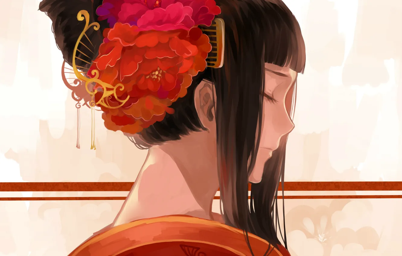 Photo wallpaper comb, hairstyle, geisha, profile, closed eyes