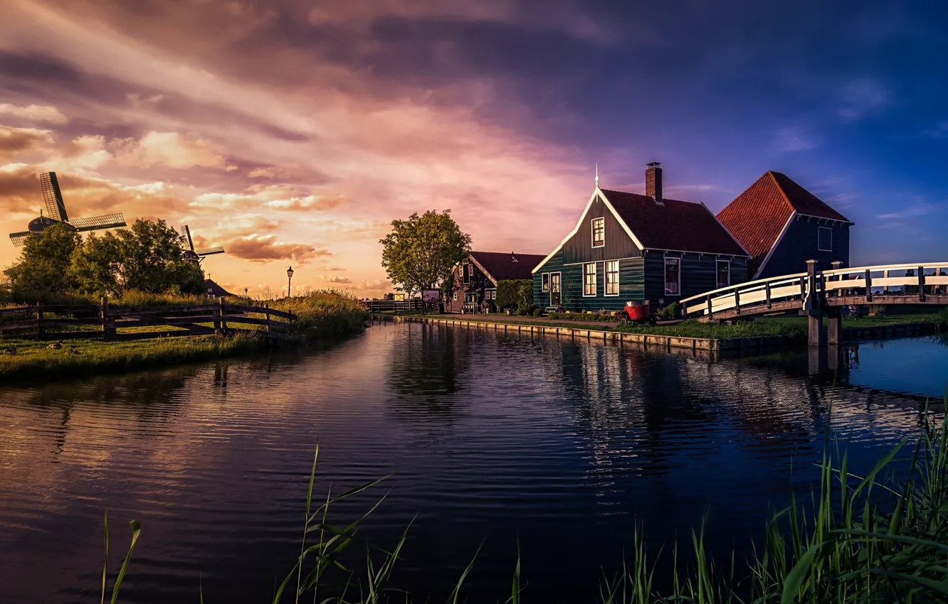 Photo wallpaper shore, house, twilight, pond, Holland