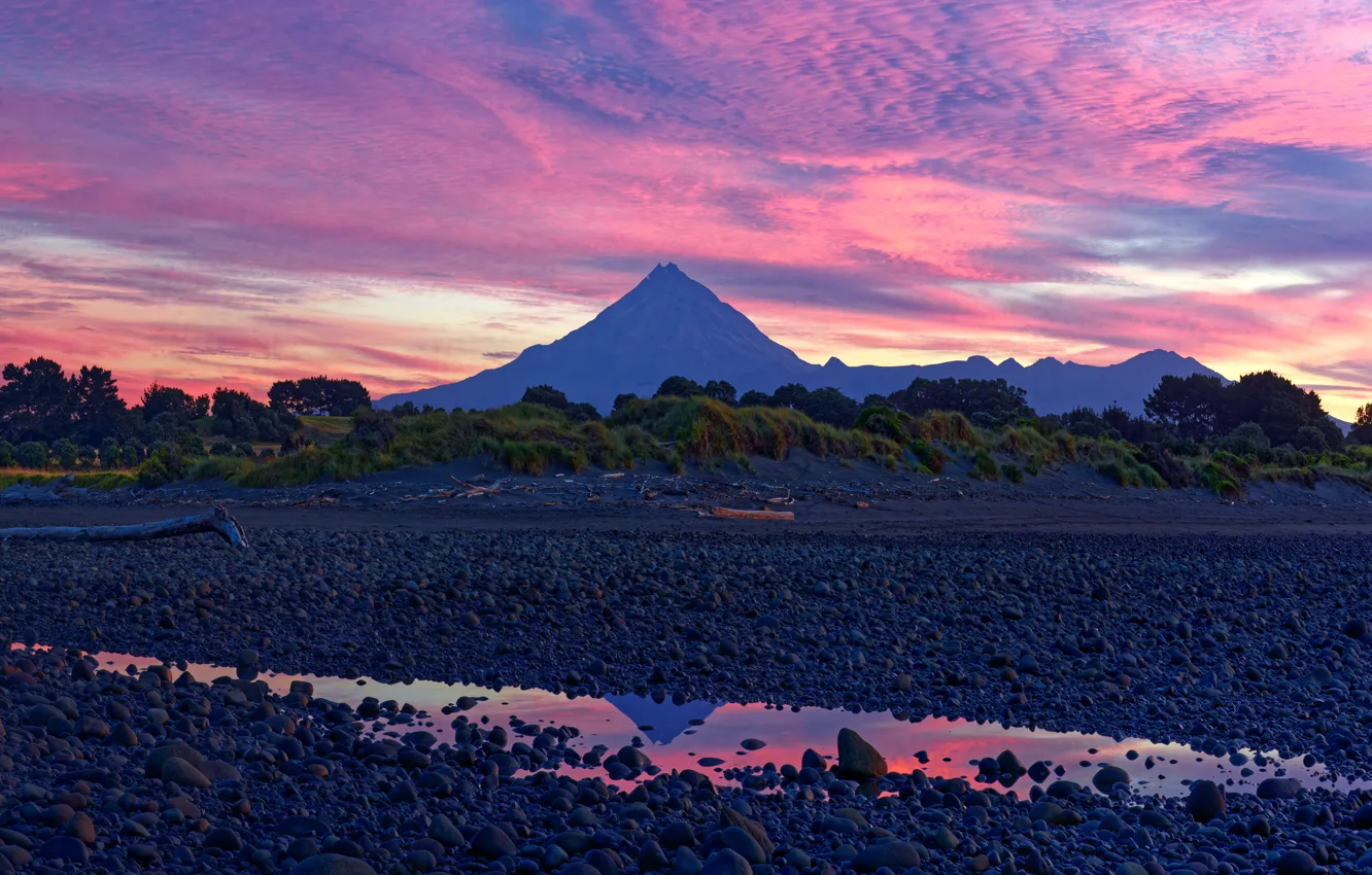 Photo wallpaper sunset, mountains, pebbles, stones, shore, twilight, the color purple