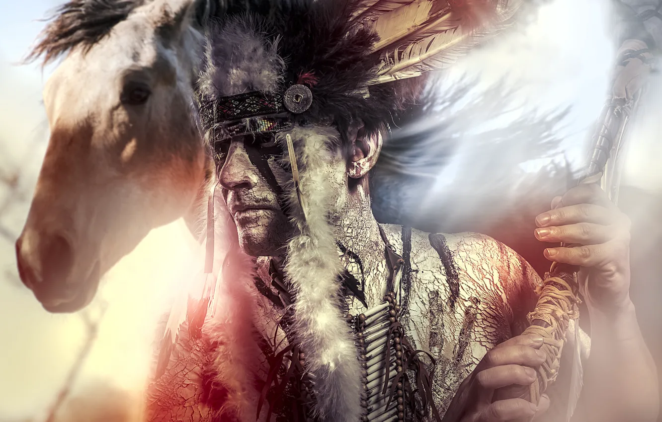 Photo wallpaper face, horse, horse, feathers, male, Indian