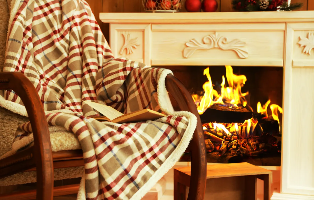Photo wallpaper comfort, interior, chair, fireplace, plaid