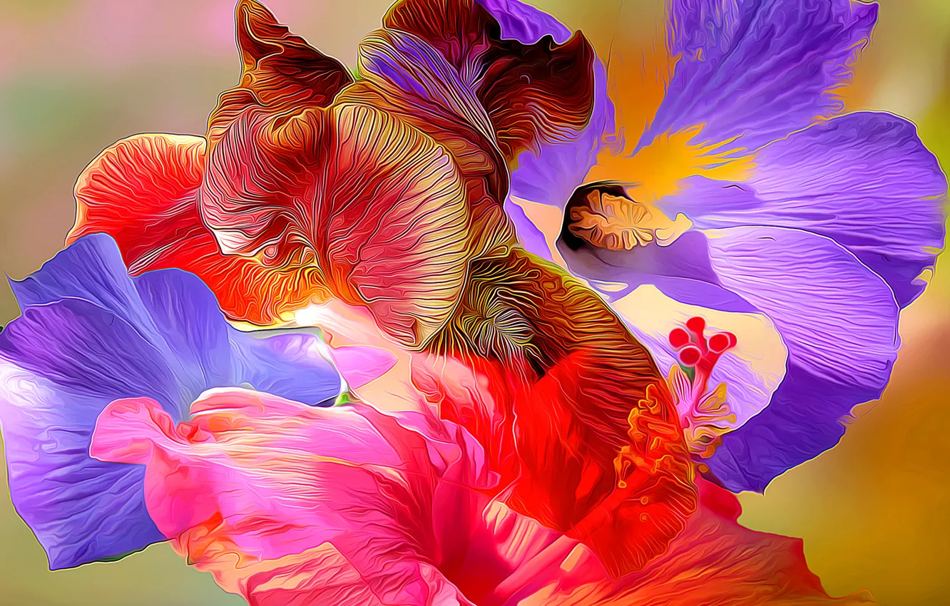 Photo wallpaper line, flowers, abstraction, paint, petals