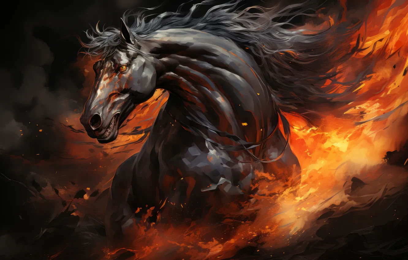Photo wallpaper lights, horse, smoke, mane, black, digital art, AI art, The Art of Artificial Intelligence