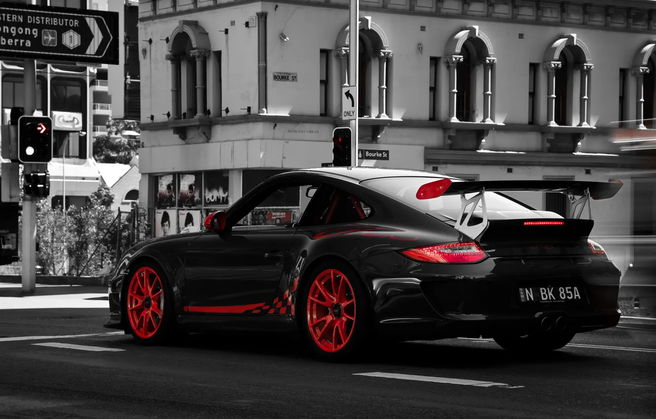 Photo wallpaper photo, 997, Porsche, b/W, red, white, details, black