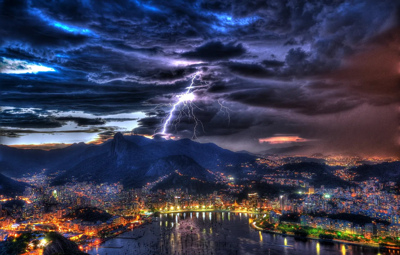 Photo wallpaper the storm, the sky, landscape, night, clouds, lights, lightning, boat