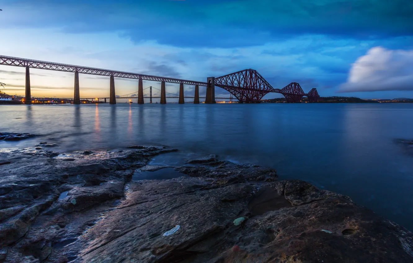 Photo wallpaper sunset, bridge, lights, stones, coast, the evening, Scotland, Bay