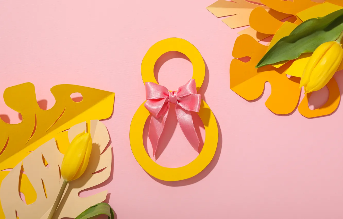 Photo wallpaper flowers, figures, tape, tulips, pink background, March 8, pink, flowers