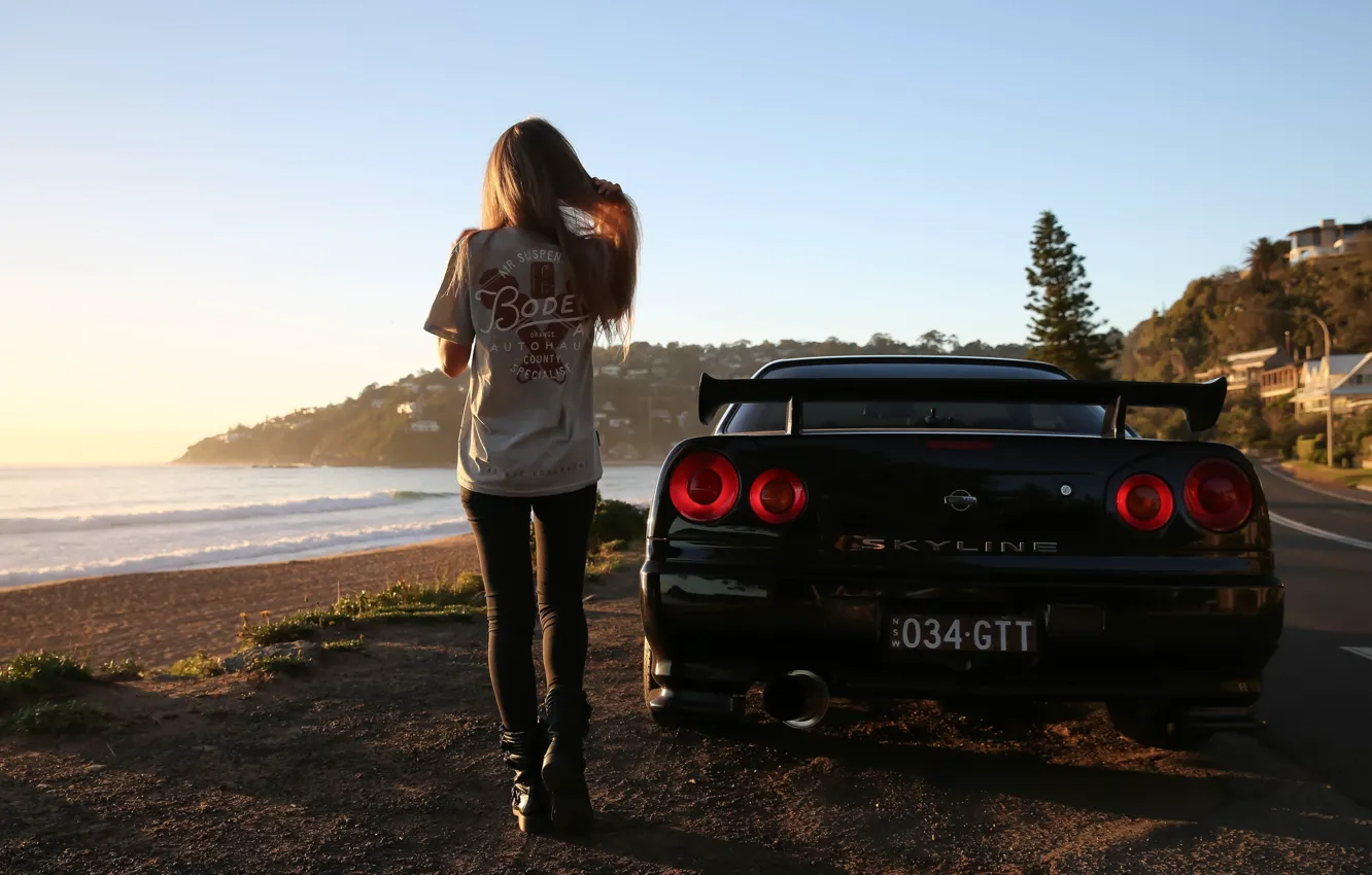 Photo wallpaper girl, beach, road, sky, nature, sunset, Nissan Skyline, women