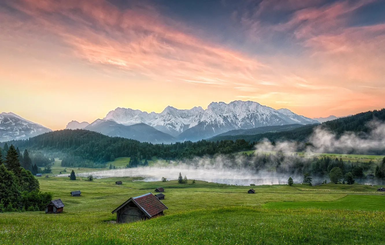 Photo wallpaper greens, field, forest, summer, the sky, grass, clouds, landscape