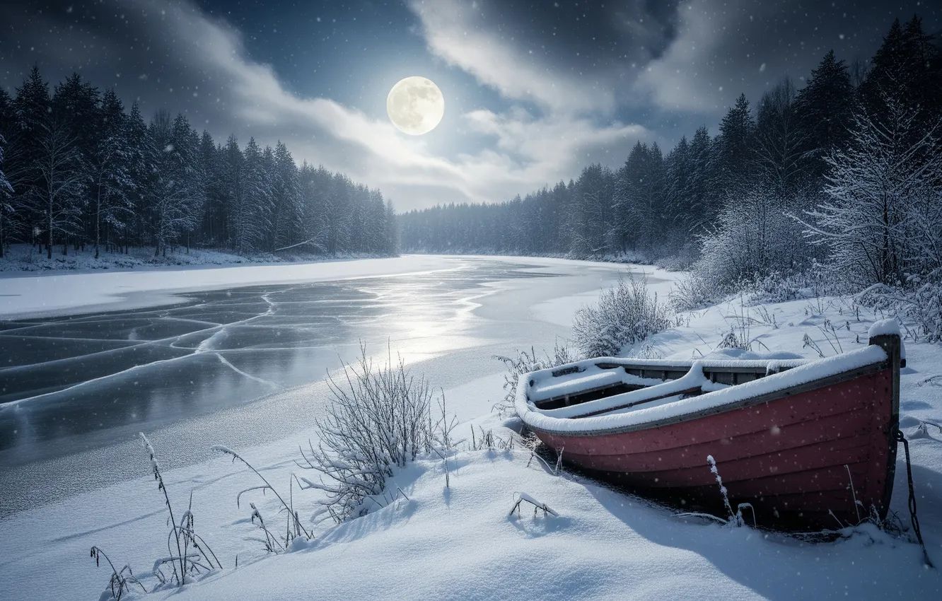 Photo wallpaper winter, snow, night, river, the moon, shore, boat