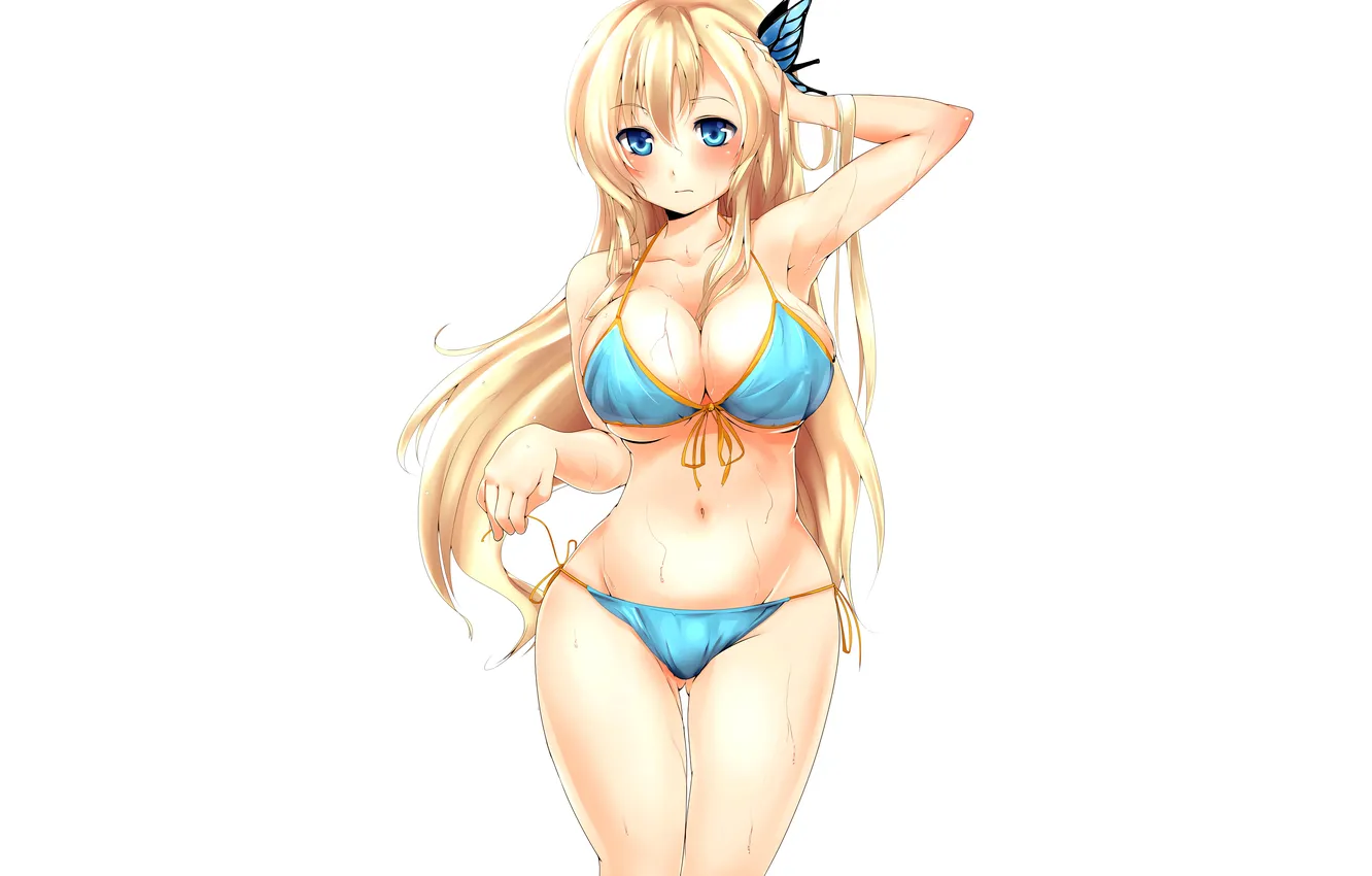 Photo wallpaper girl, sexy, wet, cleavage, long hair, boobs, anime, blue eyes