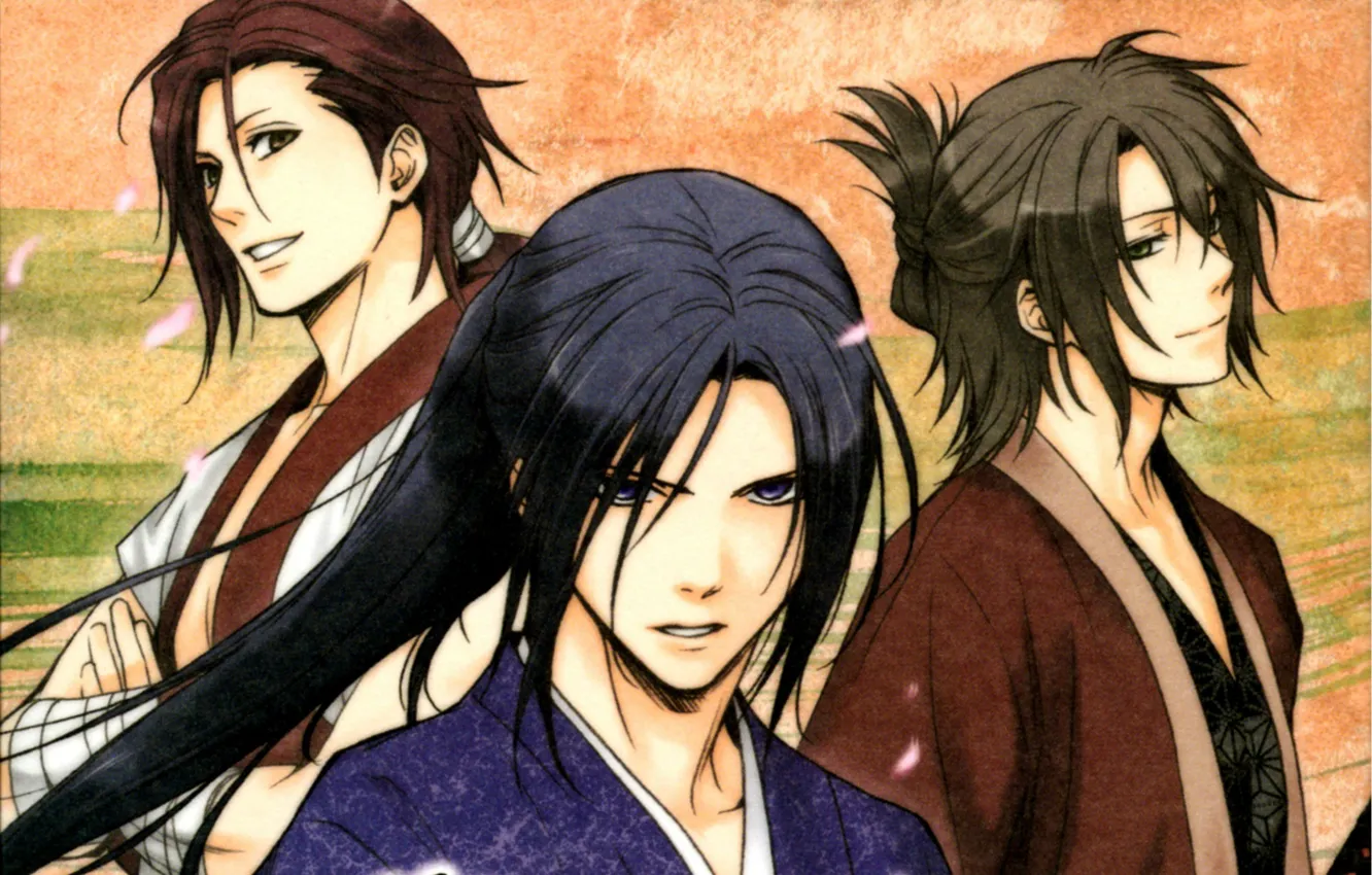 Photo wallpaper look, petals, samurai, Okita Souji, demons pale cherry, Hakuouki Shinsengumi Kitano, Pilgrimage Chop Toshizou, three …