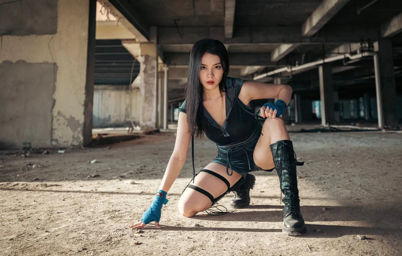 Photo wallpaper pose, Asian, cutie, cosplay, Lara Croft, asian, cutie, under the bridge